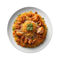 AI generated Top view photograph of your Chicken Biryani presented in a white plate Pro PNG