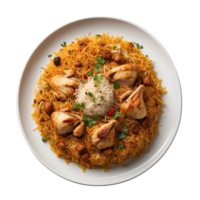 AI generated Top view photograph of your Chicken Biryani presented in a white plate Pro PNG