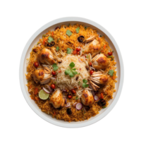 AI generated Top view photograph of your Chicken Biryani presented in a white plate Pro PNG