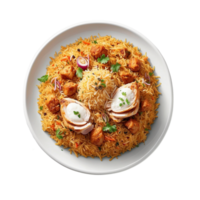 ai généré une Haut vue coup de votre poulet biryani servi dans une parfait blanc assiette pro png