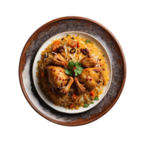 ai généré une Haut vue photographier de une alléchant poulet biryani servi sur une traditionnel assiette pro png