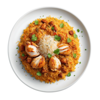 ai généré une Haut vue coup de votre poulet biryani servi dans une parfait blanc assiette pro png