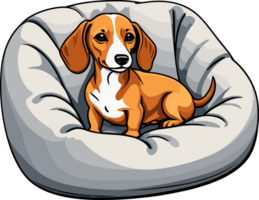 AI generated Cute Dachshund dog in soft dog bed cartoon illustration isolated on transparent background png, perfect dog and pet element for cute design png