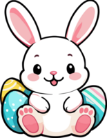 AI generated Cute bunny sitting with easter eggs cartoon illustration in transparent background png, perfect for nursery and kid design element png