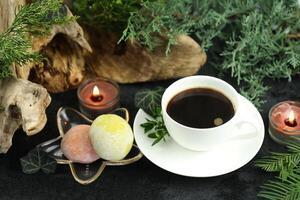 Cup of hot coffee with japanese sweets daifuku mochi photo