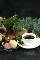 Cup of hot coffee with japanese sweets daifuku mochi photo