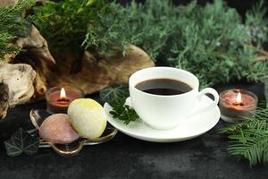 Cup of hot coffee with japanese sweets daifuku mochi photo