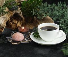 Cup of hot coffee with japanese sweets daifuku mochi photo
