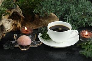 Cup of hot coffee with japanese sweets daifuku mochi photo