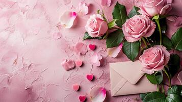 AI generated Romantic Valentine's Day Setting, Delicate Pink Roses with Love Note in Envelope, Heart Shapes on Soft Pastel Background, Ideal for Love Celebrations photo