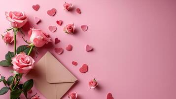 AI generated Romantic Valentine's Day Setting, Delicate Pink Roses with Love Note in Envelope, Heart Shapes on Soft Pastel Background, Ideal for Love Celebrations photo