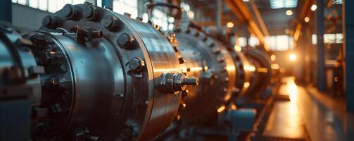 AI generated Heavy Machinery at Work Inside a Large Factory Illuminated by the Warm Glow of Afternoon Light, Showcasing Industrial Precision and Technology photo