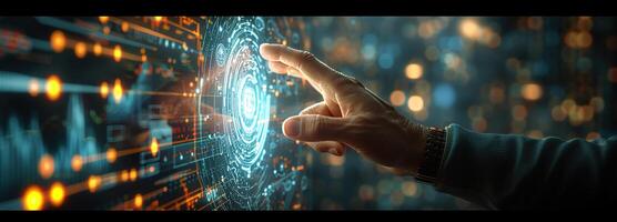 AI generated Interactive holographic display of dynamic financial statistics, futuristic finance and technology showing market trends and investment analysis, finance technology background photo