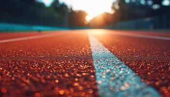 ai generado estadios comenzando línea en tarde luz, un poderoso símbolo de Deportes y salud, Listo para Atletas en pista y campo eventos, Perfecto para Deportes publicidad foto