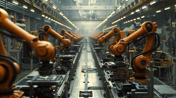 AI generated Advanced robotic assembly lines in a vast industrial factory, illuminated by the warm glow of afternoon light, showcasing the future of industrial automation photo