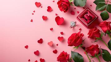 ai generado elegante San Valentín día fondo, rojo rosas y diamante anillo en pastel rosado para romántico Boda invitaciones y amor celebraciones foto
