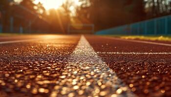 AI generated Stadium's starting line in afternoon light, a powerful symbol of sports and health, ready for athletes in track and field events, perfect for sports advertising photo