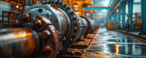 AI generated Heavy Machinery at Work Inside a Large Factory Illuminated by the Warm Glow of Afternoon Light, Showcasing Industrial Precision and Technology photo