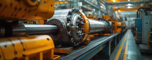 AI generated Heavy Machinery at Work Inside a Large Factory Illuminated by the Warm Glow of Afternoon Light, Showcasing Industrial Precision and Technology photo