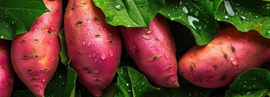 ai generado granja Fresco dulce patata con natural frondoso verduras, gastos generales composición - un Rico fuente de antioxidantes y dietético fibra para sano comiendo foto