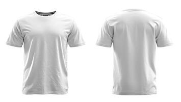 AI generated Versatile white t-shirt mockup with front and back views, isolated on a white background, ideal for showcasing design mockups and print templates photo