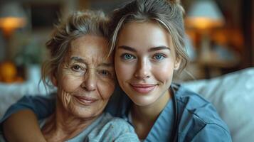 AI generated Professional care at home, A young nurse attends to a senior woman, ensuring health support and compassionate eldercare in a comfortable setting,  nursing and caregiver concept photo