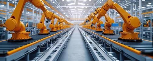 AI generated Advanced robotic assembly lines in a vast industrial factory, illuminated by the warm glow of afternoon light, showcasing the future of industrial automation photo