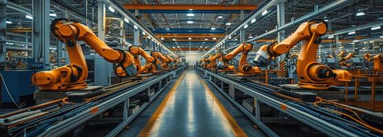 AI generated Exploring Robotic Process Automation in Large-Scale Factories, Revolutionizing Efficiency with Advanced Robotics and Afternoon Light Illumination for Optimal Operation photo