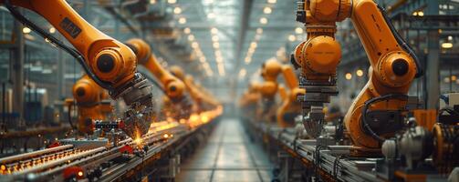 AI generated Advanced robotic assembly lines in a vast industrial factory, illuminated by the warm glow of afternoon light, showcasing the future of industrial automation photo