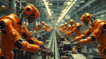 AI generated Advanced robotic assembly lines in a vast industrial factory, illuminated by the warm glow of afternoon light, showcasing the future of industrial automation photo