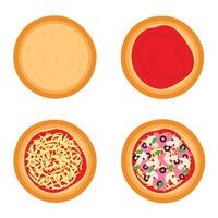 Stages of preparing pizza with ham and mushrooms. Vector graphics.