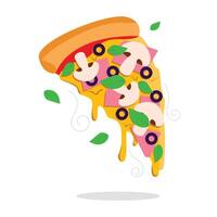 Juicy slice of pizza with ham and mushrooms, melted cheese, crispy crust, olives and fresh basil leaves. Vector graphic.