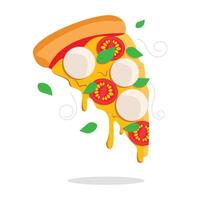 Juicy slice of margherita pizza with mozzarella, tomatoes, melted cheese, crispy crust and fresh basil leaves. Vector graphic.