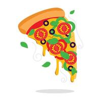 Juicy slice of vegetarian pizza with vegetables, melted cheese, crispy crust and fresh basil leaves. Vector graphic.