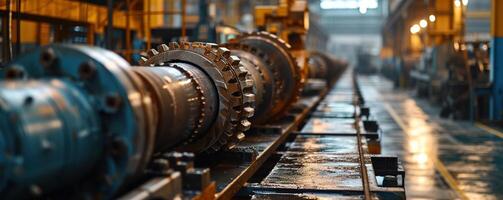 AI generated Heavy Machinery at Work Inside a Large Factory Illuminated by the Warm Glow of Afternoon Light, Showcasing Industrial Precision and Technology photo