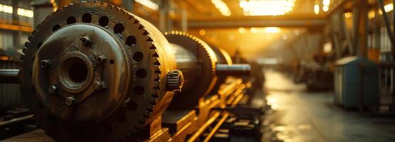 AI generated Heavy Machinery at Work Inside a Large Factory Illuminated by the Warm Glow of Afternoon Light, Showcasing Industrial Precision and Technology photo