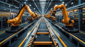 AI generated Exploring Robotic Process Automation in Large-Scale Factories, Revolutionizing Efficiency with Advanced Robotics and Afternoon Light Illumination for Optimal Operation photo