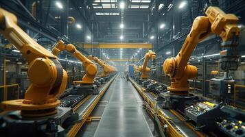 AI generated Exploring Robotic Process Automation in Large-Scale Factories, Revolutionizing Efficiency with Advanced Robotics and Afternoon Light Illumination for Optimal Operation photo