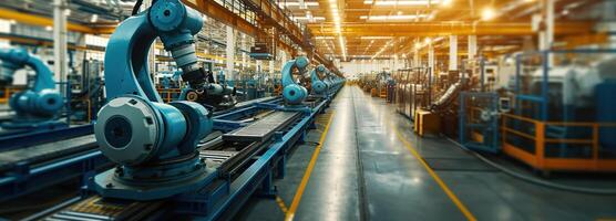 ai generado avanzado robótico montaje líneas en un vasto industrial fábrica, iluminado por el calentar resplandor de tarde luz, exhibiendo el futuro de industrial automatización foto