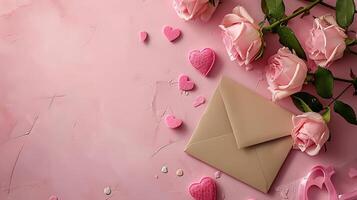 AI generated Romantic Valentine's Day Setting, Delicate Pink Roses with Love Note in Envelope, Heart Shapes on Soft Pastel Background, Ideal for Love Celebrations photo