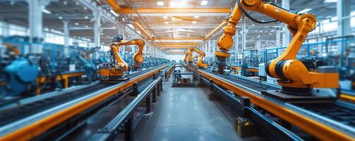 AI generated Advanced robotic assembly lines in a vast industrial factory, illuminated by the warm glow of afternoon light, showcasing the future of industrial automation photo