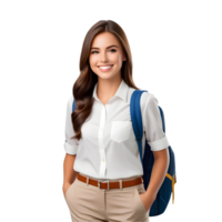 AI generated White American female student smiling happily on PNG transparent background. Success in education concept.