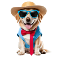 ai gerado cachorro vestindo legal óculos e Palha chapéu dentro verão roupas em transparente fundo png