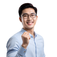 AI generated Asian male student smiling happily on PNG transparent background. Study success concept.