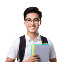 AI generated Asian male student smiling happily on PNG transparent background. Study success concept.