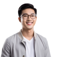 ai generado asiático masculino estudiante sonriente felizmente en png transparente antecedentes. estudiar éxito concepto.