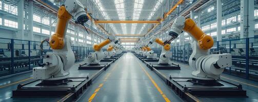 AI generated Exploring Robotic Process Automation in Large-Scale Factories, Revolutionizing Efficiency with Advanced Robotics and Afternoon Light Illumination for Optimal Operation photo