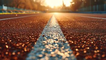 AI generated Stadium's starting line in afternoon light, a powerful symbol of sports and health, ready for athletes in track and field events, perfect for sports advertising photo