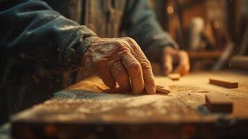 AI generated Wordworker, craftsmanship, Delicate handwork in woodcarving captured in the warm glow of afternoon light within a traditional workshop photo