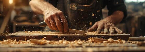 AI generated Wordworker, craftsmanship, Delicate handwork in woodcarving captured in the warm glow of afternoon light within a traditional workshop photo